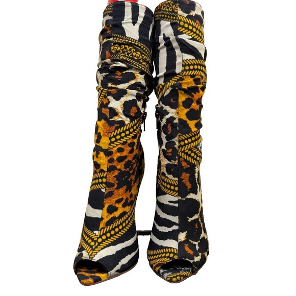 Animal Stiletto Heel Booties 6 Black Gold Chic Clubwear Peep Toe Boots Going Out - Picture 2 of 8